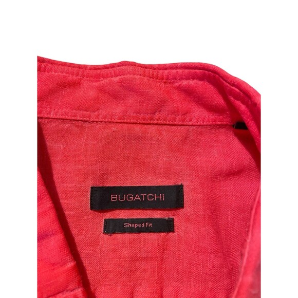 Bugatchi Button Up Shirt Men's Linen Pink Shaped Fit Hawian Short Sleeve Sz L - Picture 9 of 11